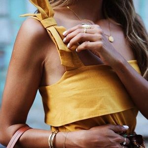 Sezane gold linen top w/ detachable bow & buttons